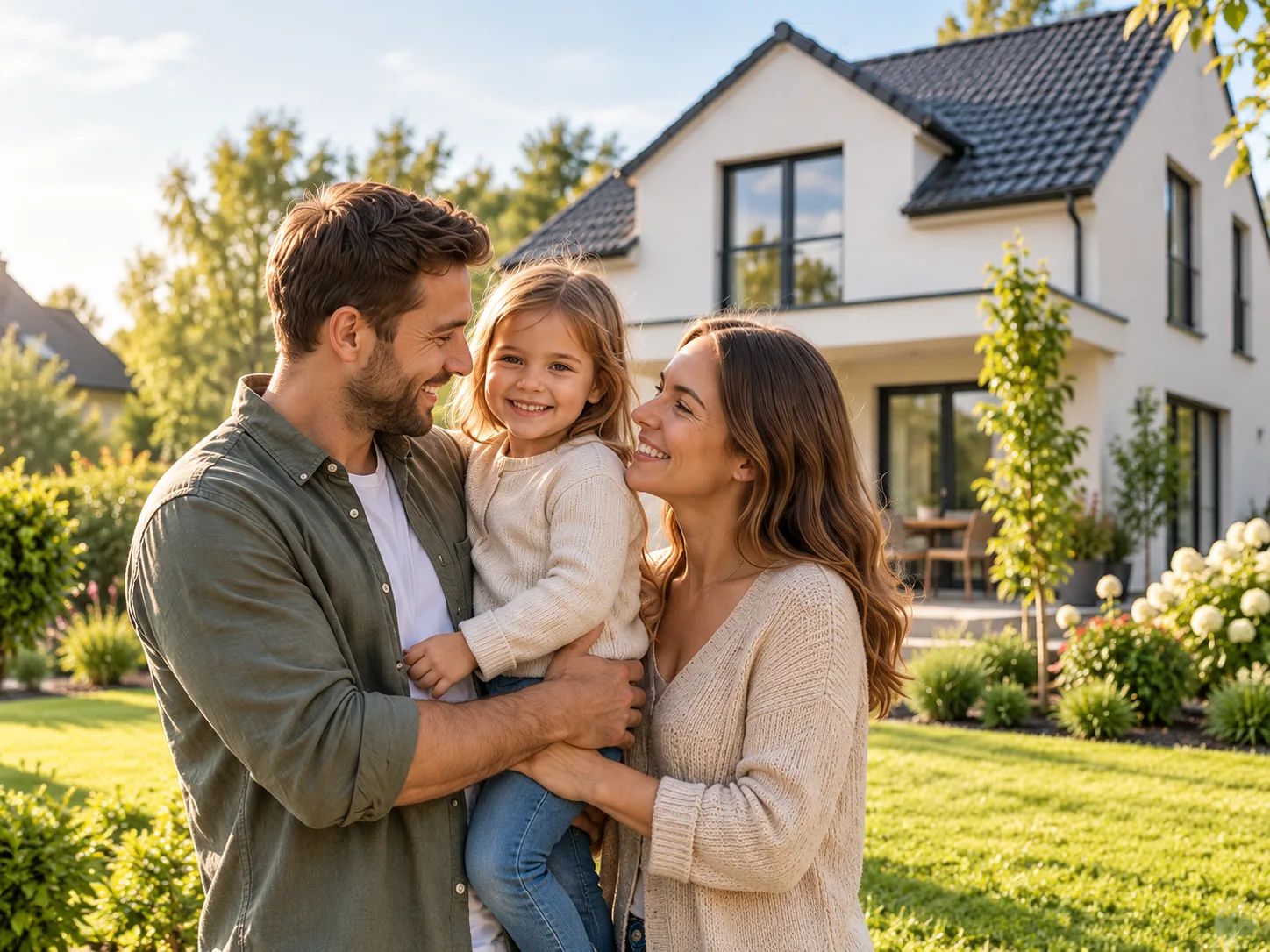 Junge Familie vor dem eigenen Zuhause als Motiv für den Vergleich passender Baufinanzierungen