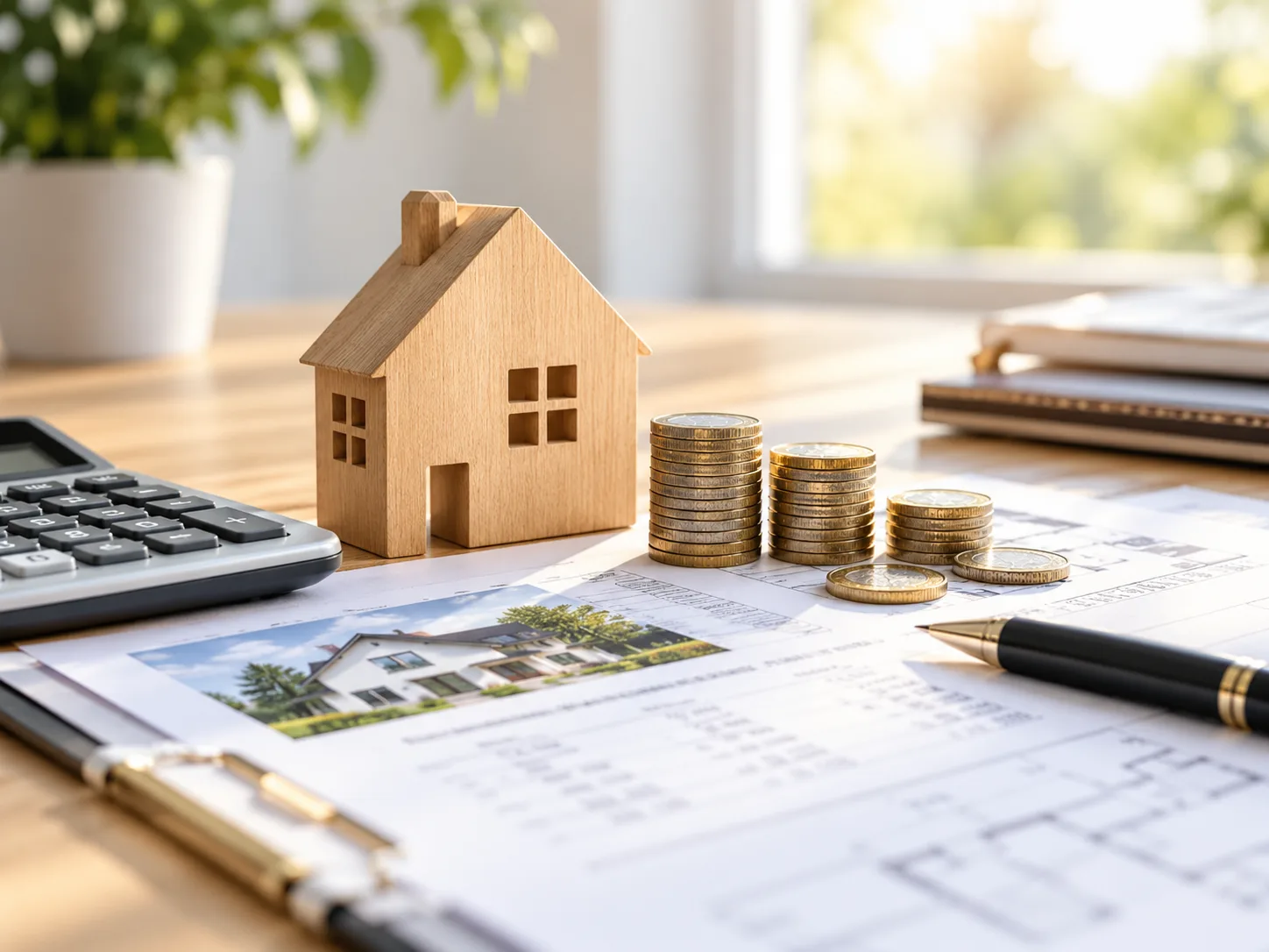Unterlagen, Hausmodell und Münzen als Motiv für die Planung von Kaufnebenkosten beim Immobilienkauf