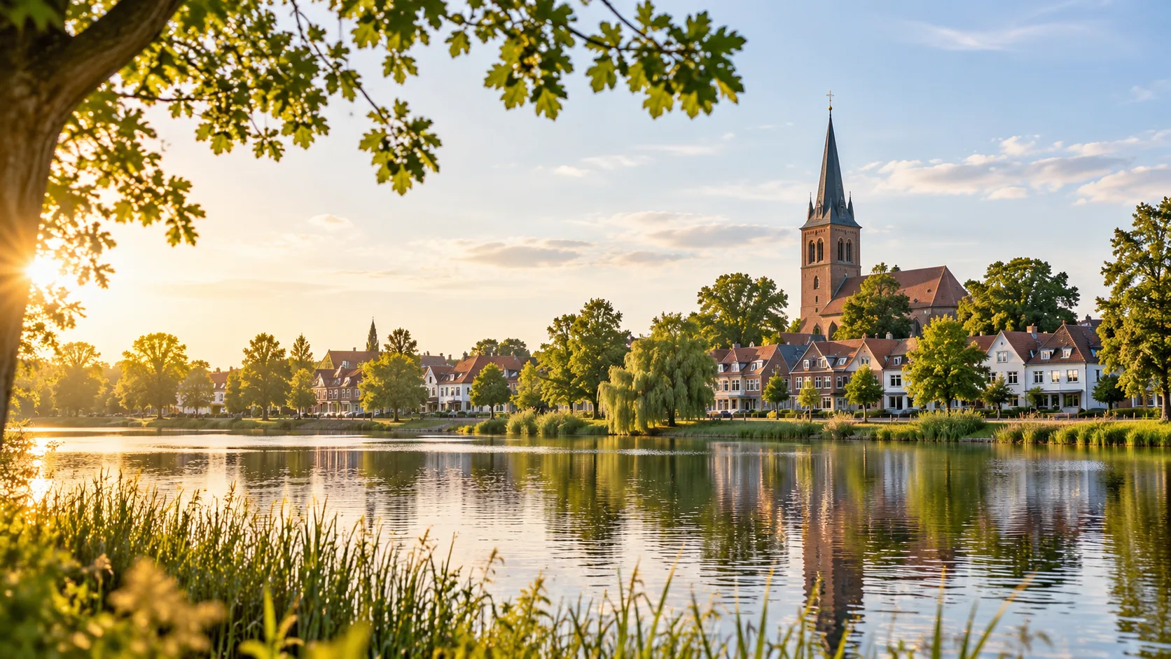 Idyllische Seepromenade mit Kirchturm als regionales Motiv für Diepholz und Umgebung